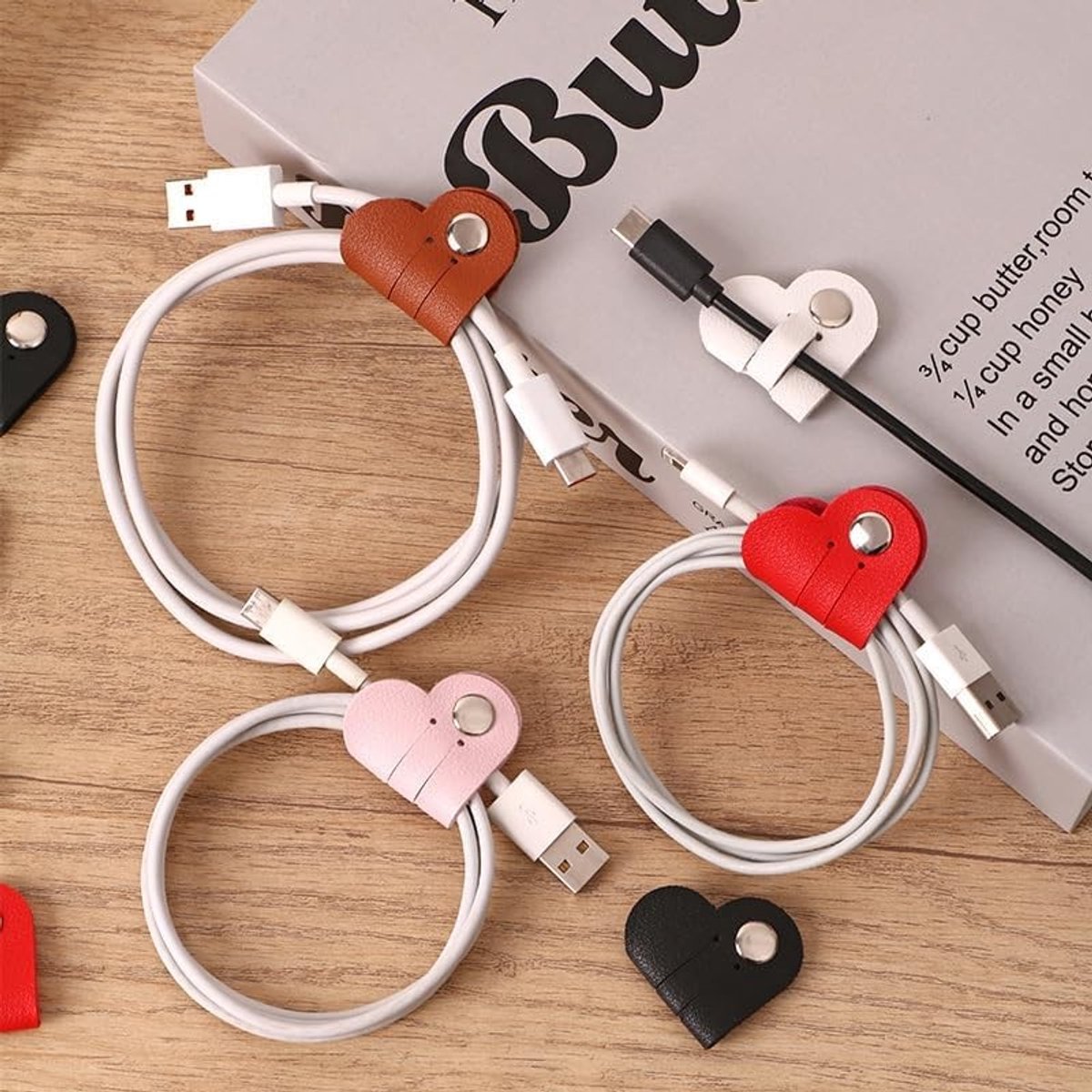 10 Stuks Herbruikbare Kabelorganizers in Hartvorm van PU Leer voor Oplaadkabels, Earphones en USB Draden