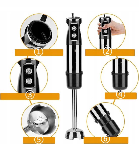 800W Staafmixer 6-in-1 Set - Multifunctioneel Handblender - Incl. Hakmolen & Garde & Melkopschuimer & Maatbeker - 12 Snelheden - Ergonomische Grip - Vaatwasserbestendig - 220-240V - Handmixerset - Voor Soep & Smoothies & Babyvoeding — afbeelding 4