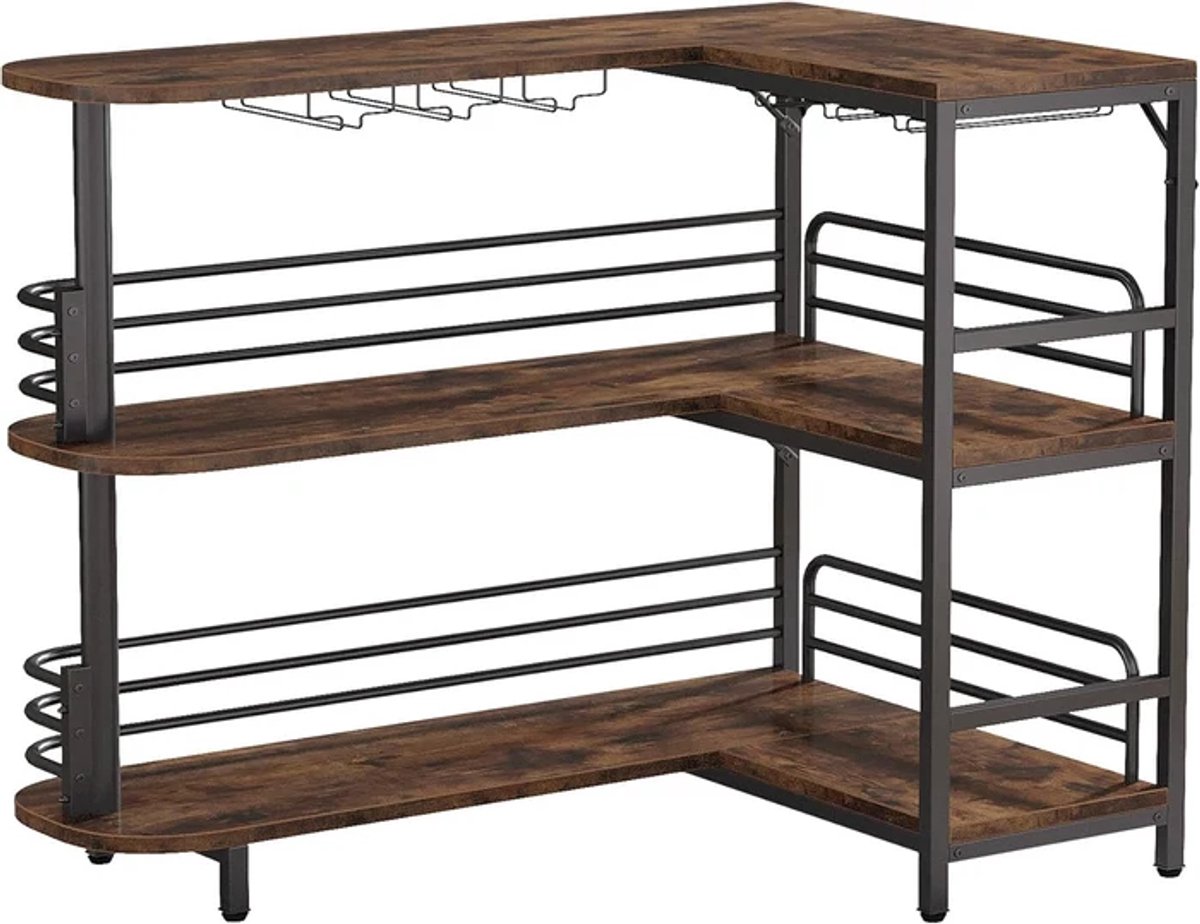 DMG Supply L-vormige barunit - 3 lagen - met wijnglashouders - 120 x 90 x 110 cm - Bruin/Zwart - Spaanplaat en Metaal