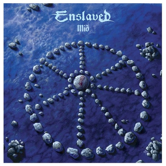 Albumhoes van Enslaved Mið, met een blauwe achtergrond en een grote steencirkel met een symbool in het midden.