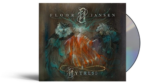 Cd-hoes van Floor Jansen - Hytress met een oranje geklede vrouw in het midden, omringd door grijze wolven en blauwe, groene en bruine abstracte vormen.