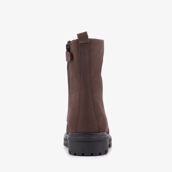 Achterkant donkerbruine leren veterboot met rits