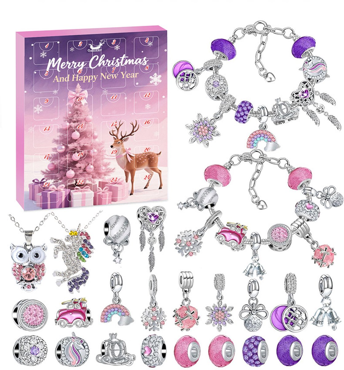 Adventskalender 2026 Meisjes - Kerst sieraden verrassingsdoosjes - DIY Sieraden Knutselset met 20 Bedels - 2 Armbanden en 2 Kettingen - 24 Verrassingen - Kerstcadeau voor meisjes