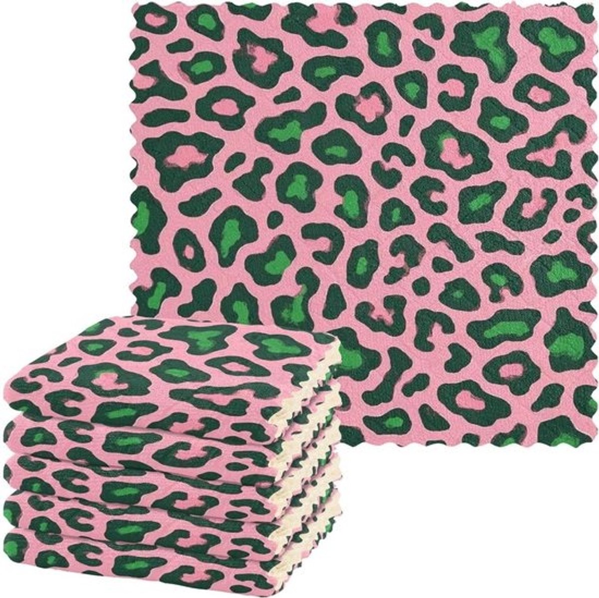 Keukendoeken Luipaardprint - Theedoeken Vaatdoeken - Keuken Schoonmaken - Absorberend Sneldrogend - 28x28 cm 6 Stuks - Roze Groen