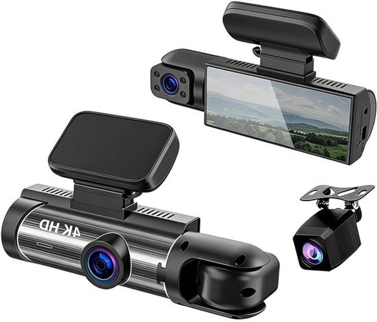 Dashcam Auto - Autocamera Rijcamera - Veiliger Rijden - Drie Kanalen Opname - Inclusief 64GB - Zwart
