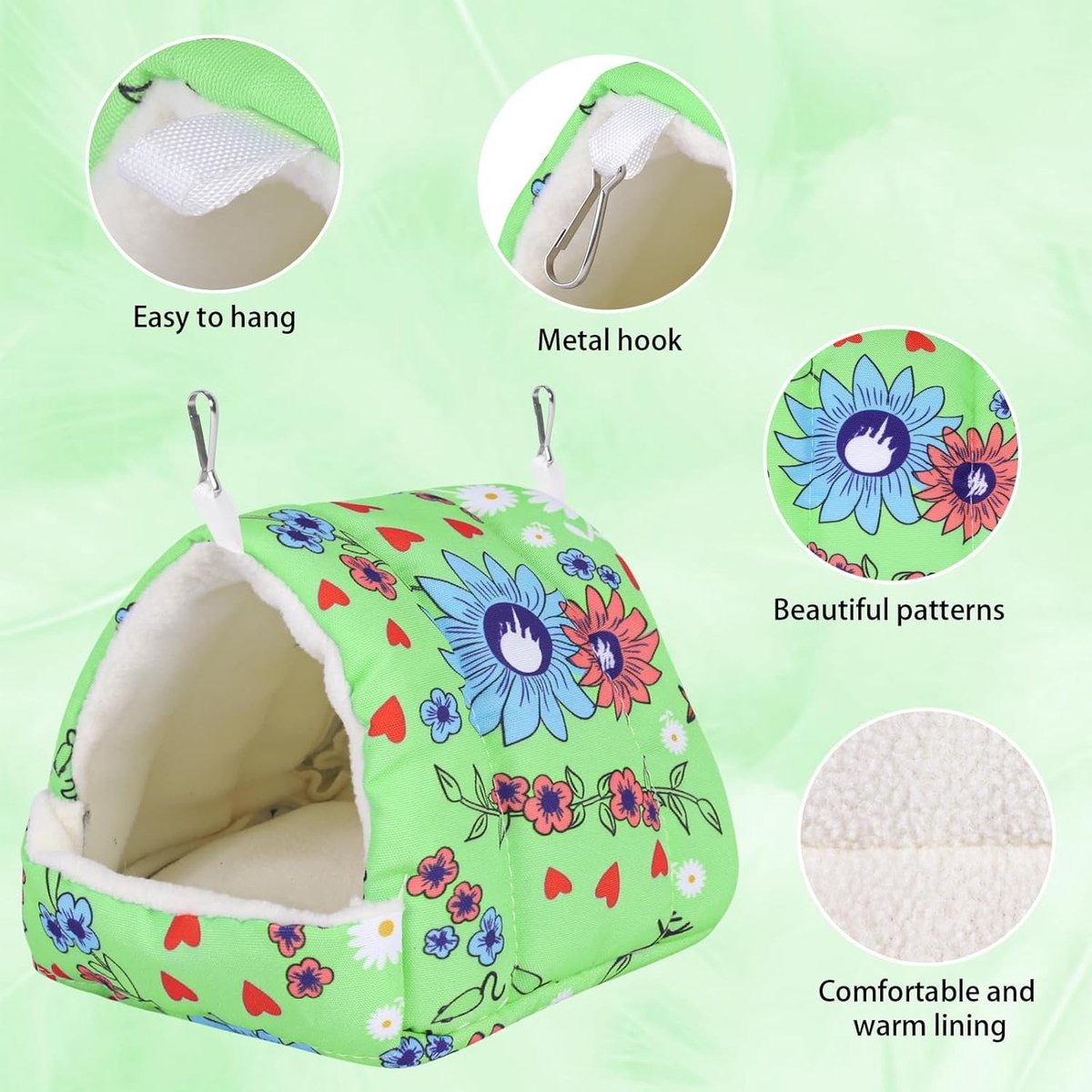 Warm Winter Nest Hammock voor Kleine Vogels met Hanghaak - Perfecte Kooi Accessoires voor Parkieten, Agaporniden en Conures (Groen, M)