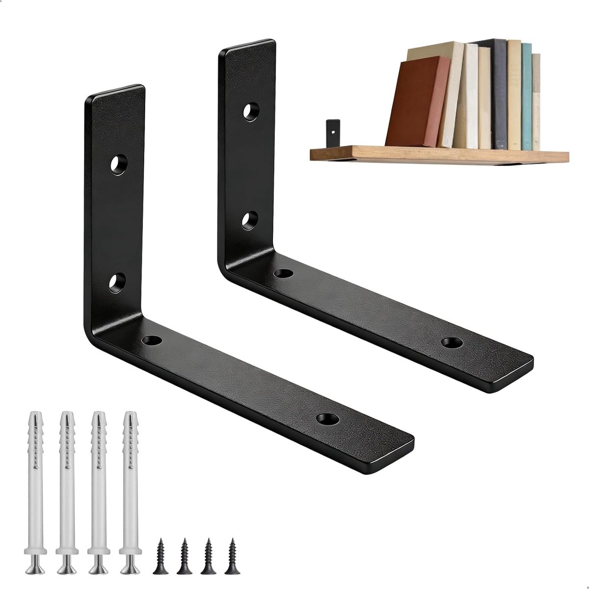 Set van 2 Zwevende Planksteunen - L-vormige Onzichtbare Plankdragers van Versterkt Staal voor Kantoor, Keuken en Badkamer - Zwart 145mm