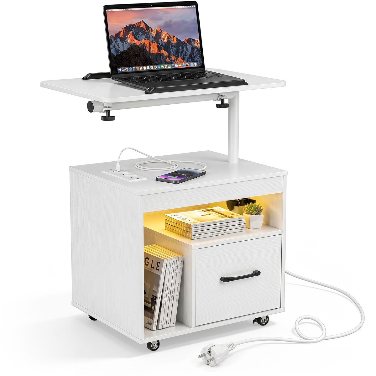 SureDeal® - Nachtkastje - LED - Kantelbaar - Draaibaar Blad Antisliprand - Plank Oplaadstation - 60x40x74 cm - Wit