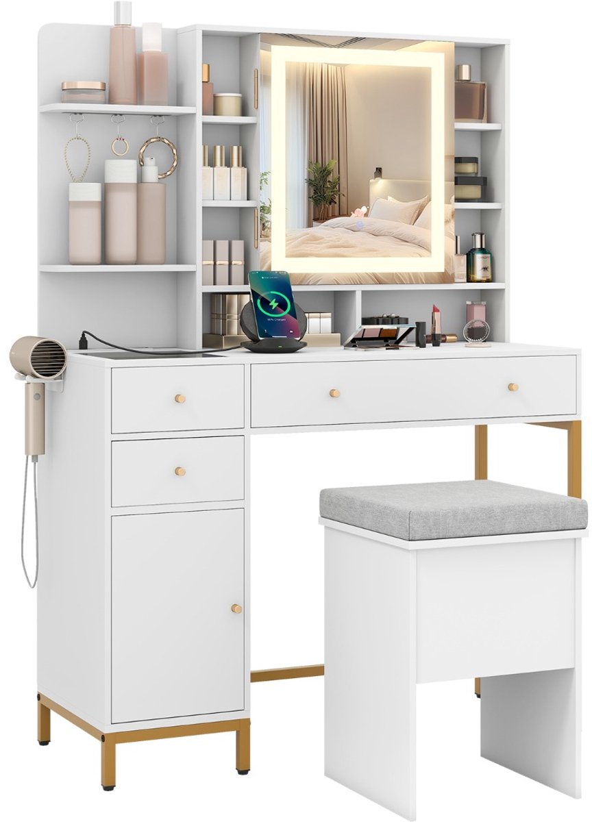 SureDeal® - Kaptafel - Make Tafel - Verlichte Spiegel - Kruk kleuren LED - 98x40x138,5 cm - Wit