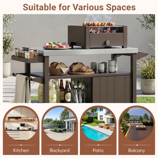 SureDeal® - Barbecue - Grillwagen Wielen Grilltafel - Roestvrijstalen Serveerwagen - Planken - Kast - Kruidenrek - 116x50x87 cm - Bruin van SureDeal® — afbeelding 3
