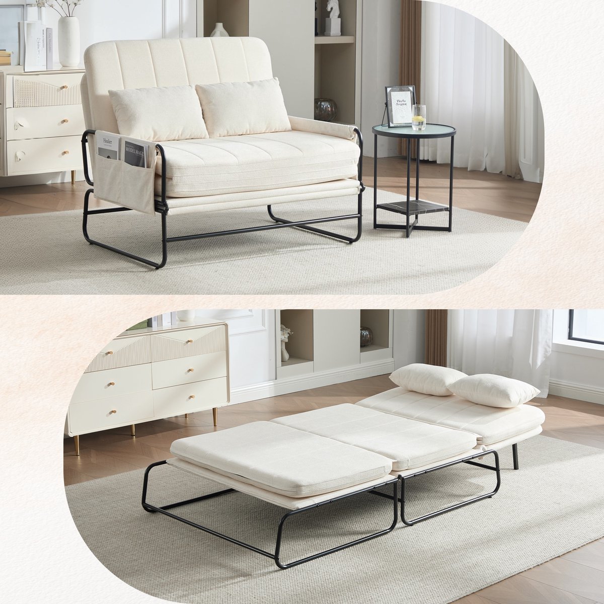 Moderne 2-zits Klapbank met metalen onderstel - ombouwbaar tot slaapbank - royale opbergruimte aan de zijkant - comfortabele chenille bekleding - veelzijdig inzetbaar voor woonkamer, thuiskantoor of logeerkamer - beige uitvoering