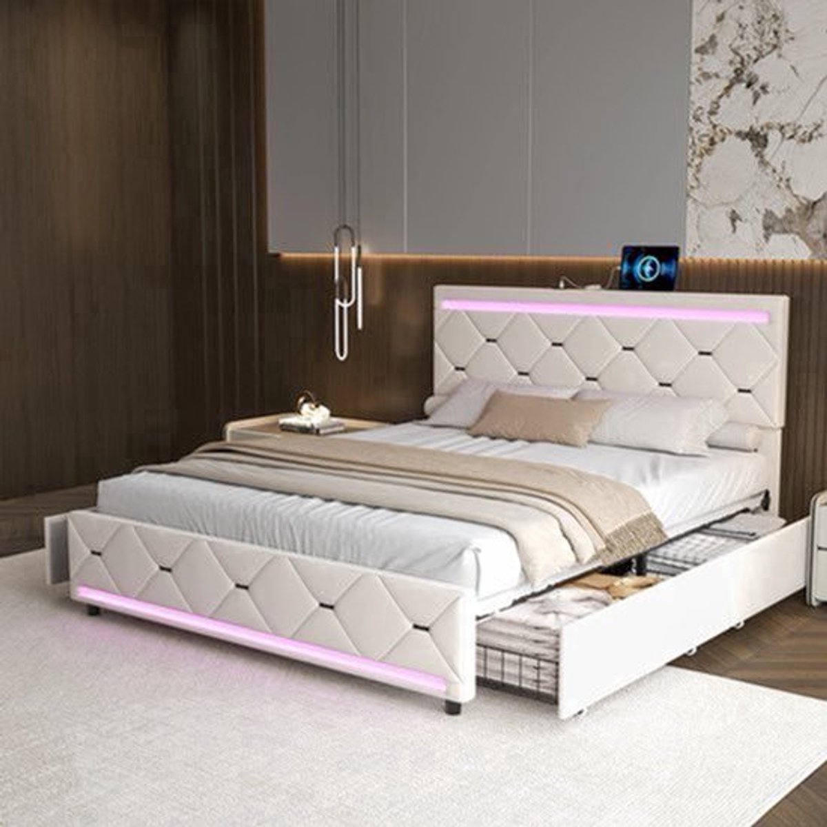 Bedbank – Slaapbank – Logeerbed – Sofa – 2-Persoonsbed – Met LED Hoofdbord – 4 Laden Opbergruimte – 140x200 cm – USB Oplaadfunctie