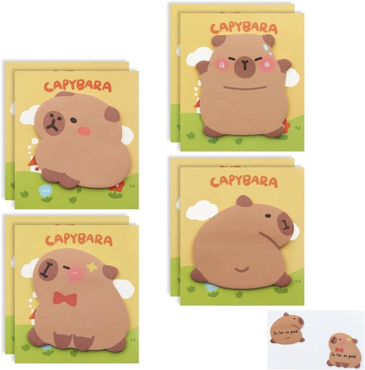 Set van 8 schattige Capibara Sticky Notes - Speelse plaknotities voor kinderen, studenten en leraren, ideaal voor kantoor en schoolgebruik