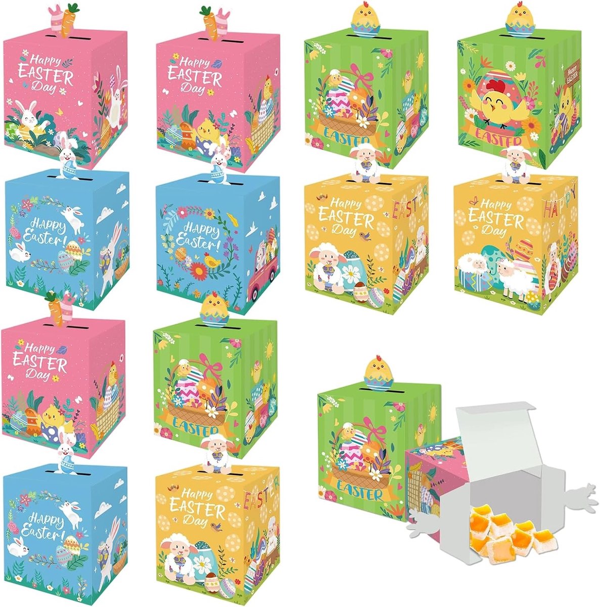 12 Stuks Cadeauboxen met 4 Verschillende Ontwerpen voor Pasen, Perfect voor Chocolade, Eieren en Kleine Geschenken, Herbruikbare en Kleurrijke Papieren Dozen
