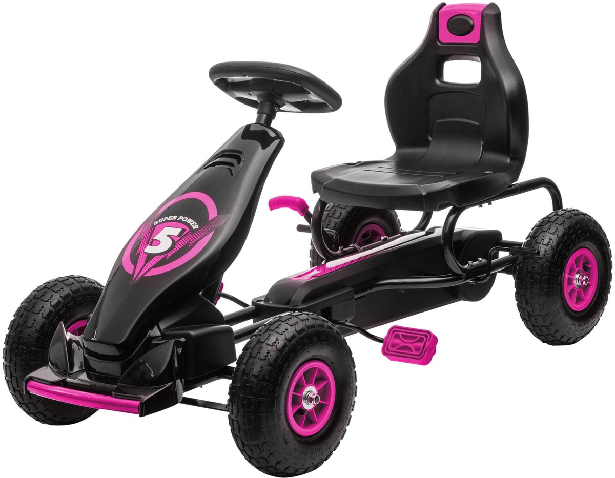 Kinderkart met pedalen, verstelbare stoel (3 standen), handrem en antislipbanden, geschikt voor kinderen van 5 tot 12 jaar; kinder-kart met verstelbare stoel en luchtbanden, roze