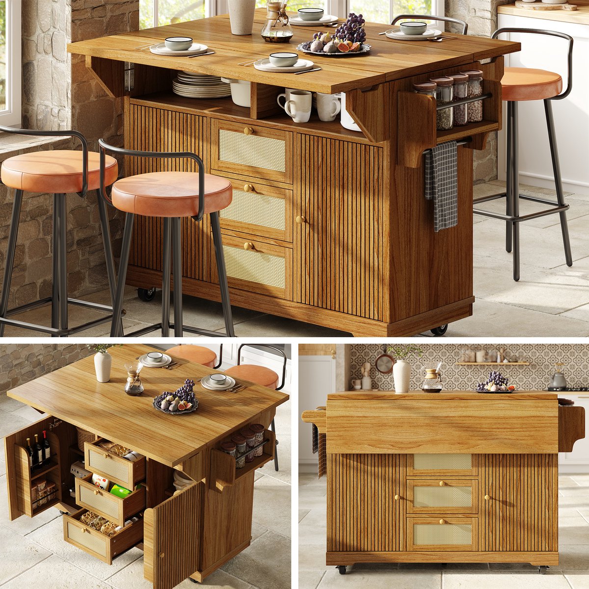 Clruro Keukenwagen - 142,5 x 40-80 x 95 cm - Klapblad en PE-Rotan Laden - MDF/Metaal - Donkerbruin
