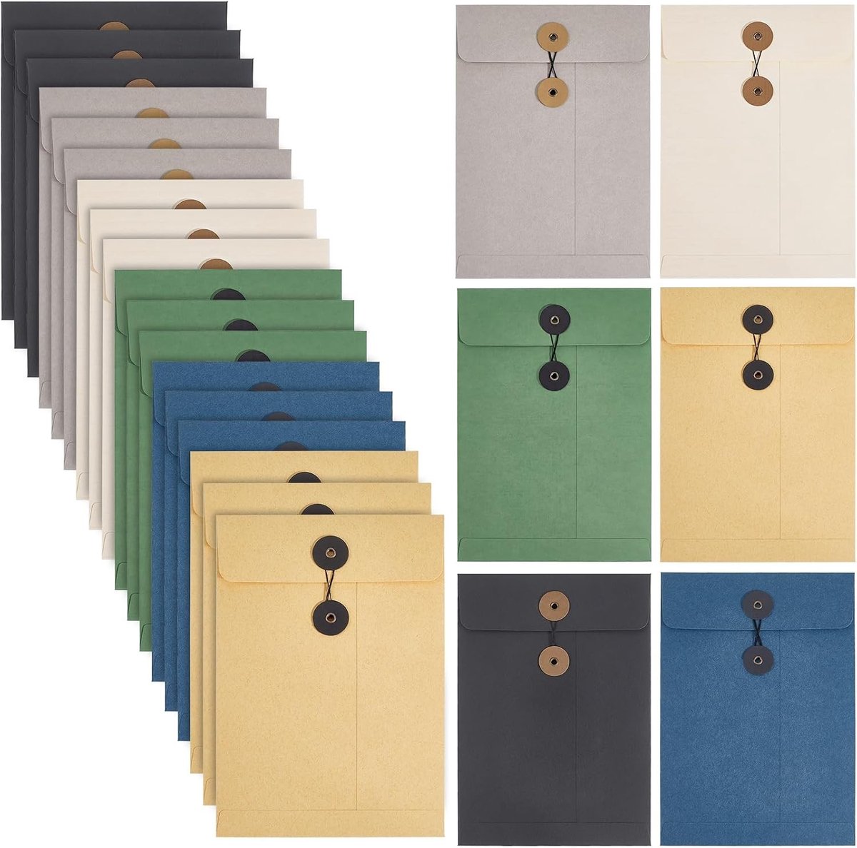 Set van 24 Kraft Cord Enveloppen en Bestanden met Knoopsluiting voor Documentopslag in A4 Formaat - Perfect voor Kantoor, School en Thuisorganisatie in 6 Kleuren