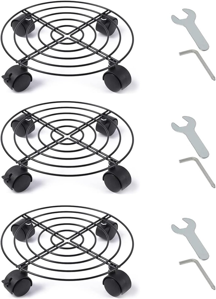 Ronde Plant Pot met Wielen - 3 * 12 inch Mover Trolley voor Tuin en Binnen - Metalen Stand in Zwart