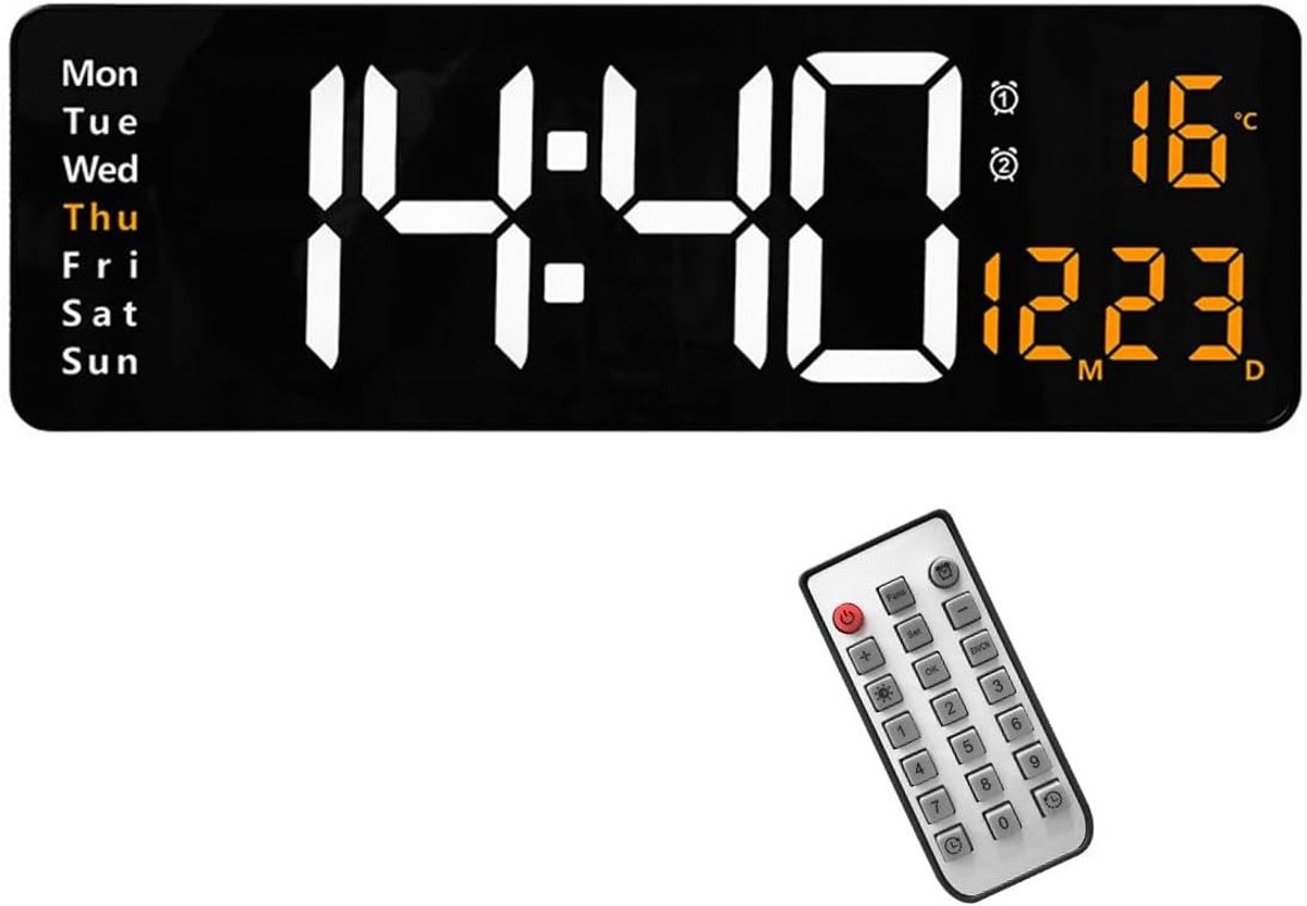 Grote Digitale Wandklok met 16 Inch LED Scherm, 10 Niveaus van Helderheid, Temperatuur en Kalenderfunctie, Afstandsbediening en Oplaadpoort voor Woonkamer, Keuken en Slaapkamer