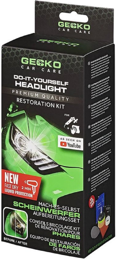 Gekko Car Care doe-het-zelf koplamp restauratiekit in groene verpakking.
