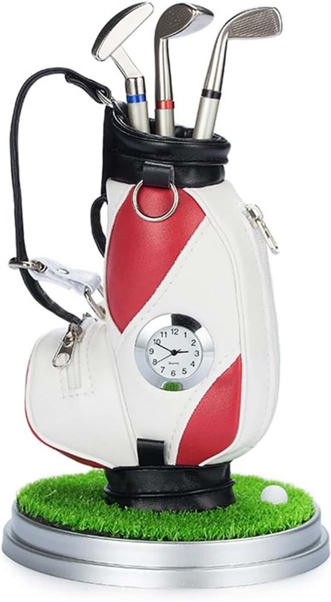 Golf Bag Penhouder met Klok - Mini Golf Caddy Trolley voor Bureau, Decoratie en 3 Aluminium Pennen - Perfecte Golf Cadeaus voor Mannen en Vrouwen