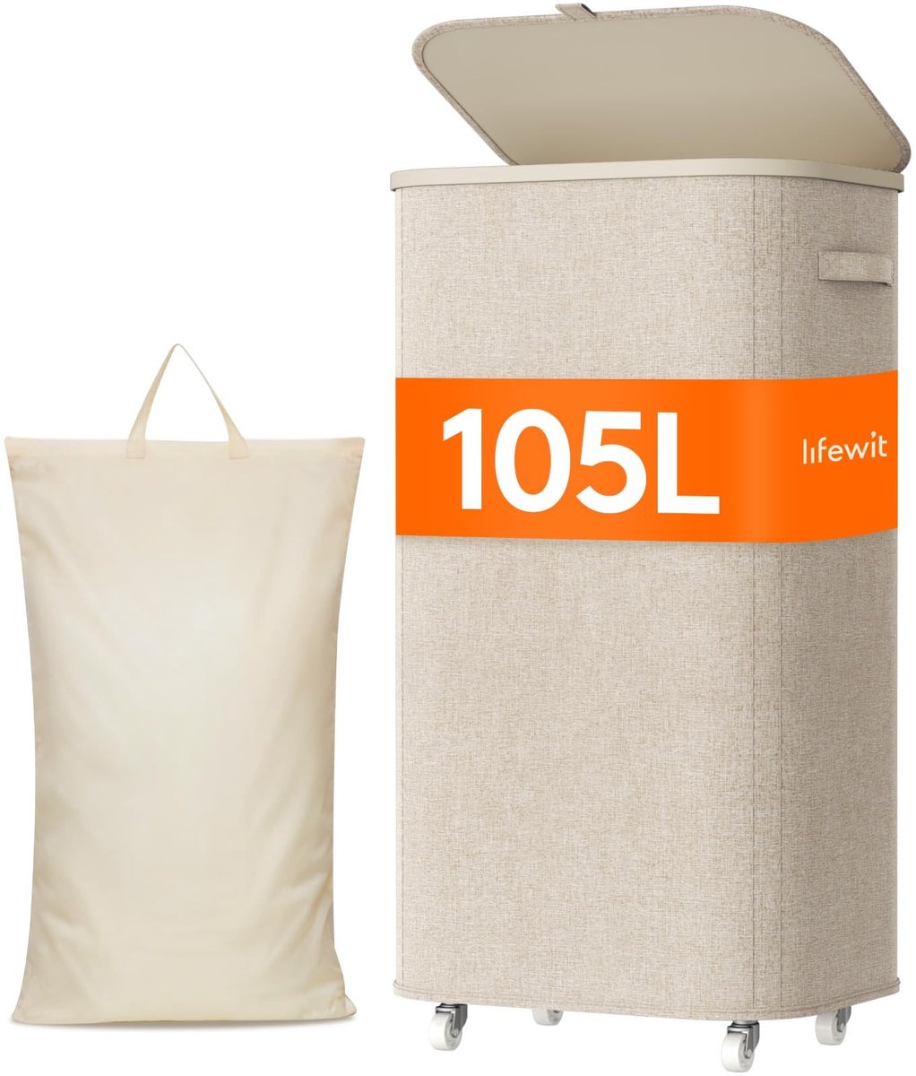 Wasmand met Wielen en Deksel - 105 Liter - Beige