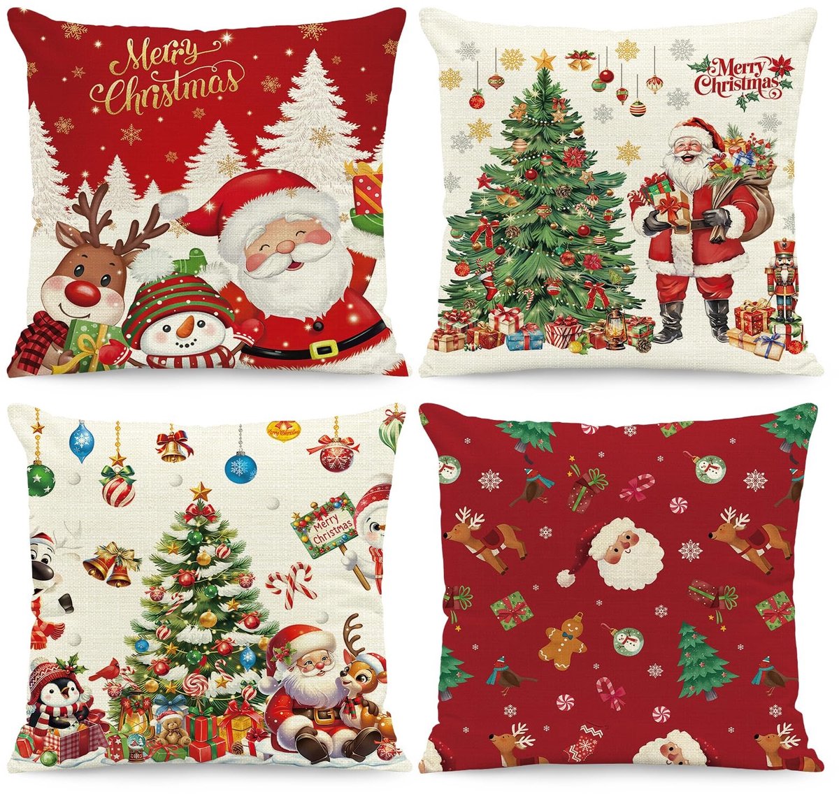 Set van 4 Kussenslopen - Traditionele Kerstpatronen in Rood en Wit