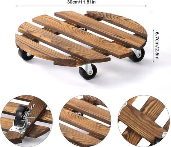 Pack van 2 plantrollers rond diameter 30 x 6,5 cm met wielen voor het verplaatsen van planten 100 kg draagvermogen voor binnen en buiten gebruik.