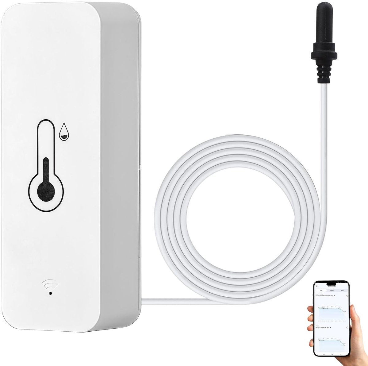 Slimme WiFi Hygrometer en Thermometer met Externe Sensor voor Binnen en Buiten, Ideaal voor Aquarium en Vriezer, App Alarm en Afstandsbediening