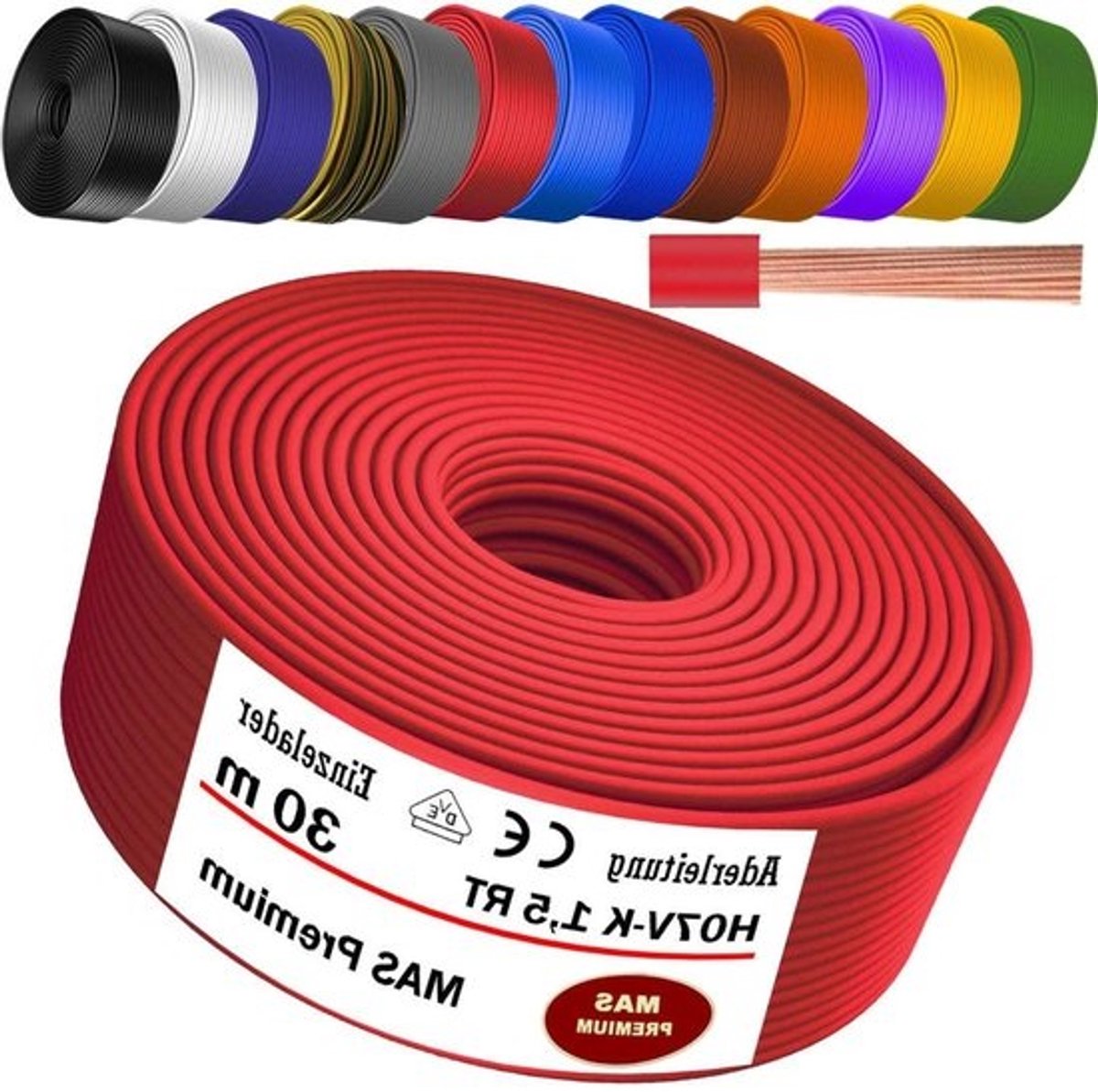 Flexibele Aderleiding - Enkele Koperdraad - Installatie Elektronica - Fijndradig Koper - 15 mm² 30m - Rood