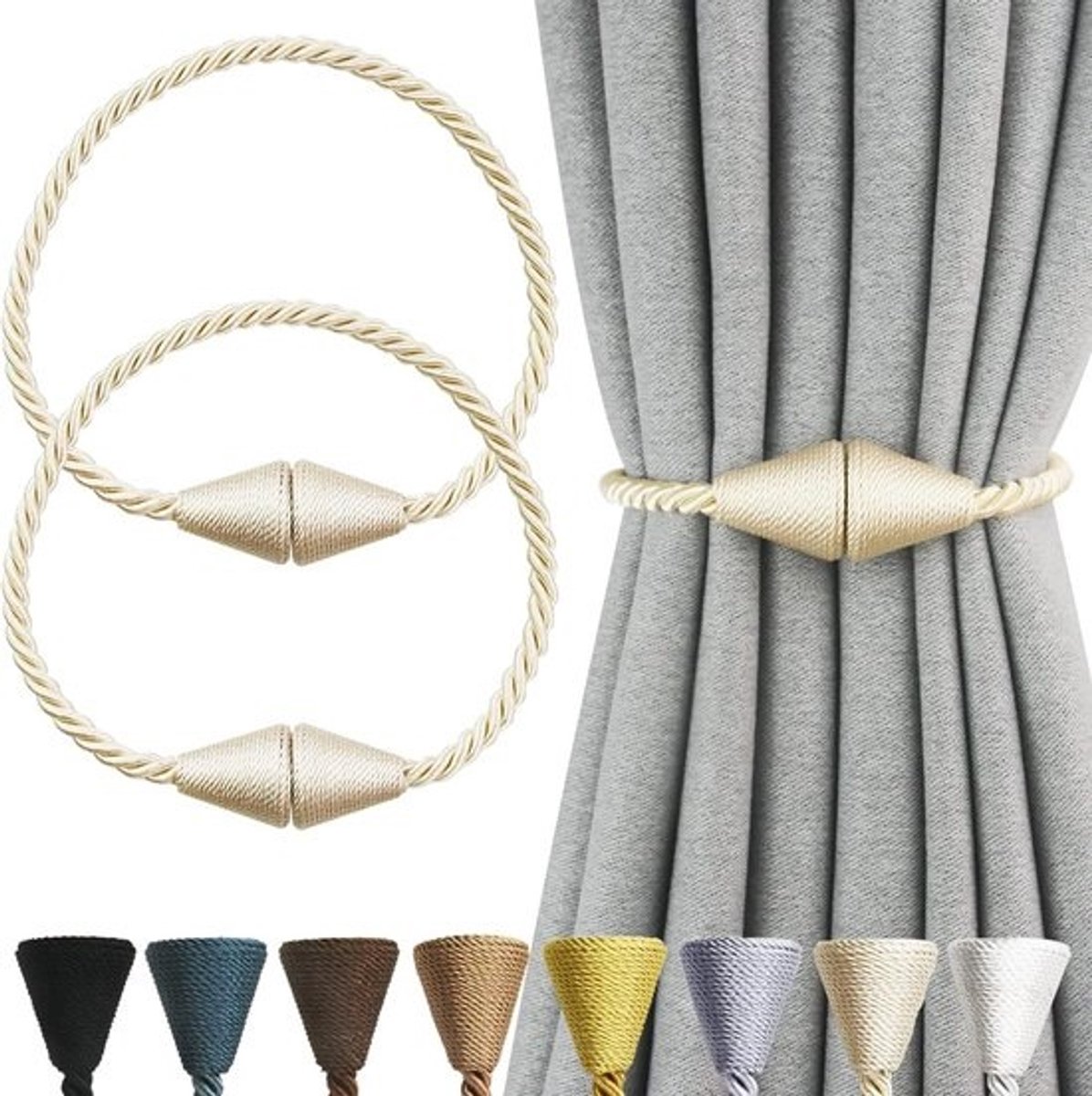 Gordijnhouders Set - Gordijnbinders Gordijnclips - Raamdecoratie Aanpassen - Handgemaakt Modern Design - 48 cm Lengte Touw - Beige