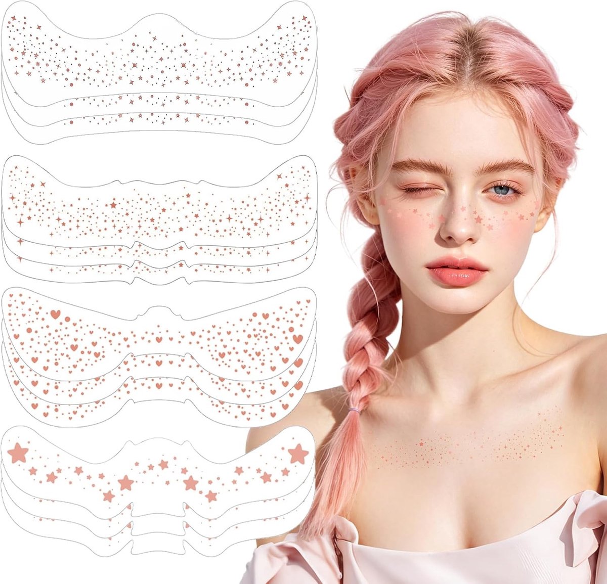 12-delig Roze Gouden Glitter Freckles Tattoo Set, 4 Ontwerpen Tijdelijke Gezichtstatoeages voor Feesten, Festivals en Make-up