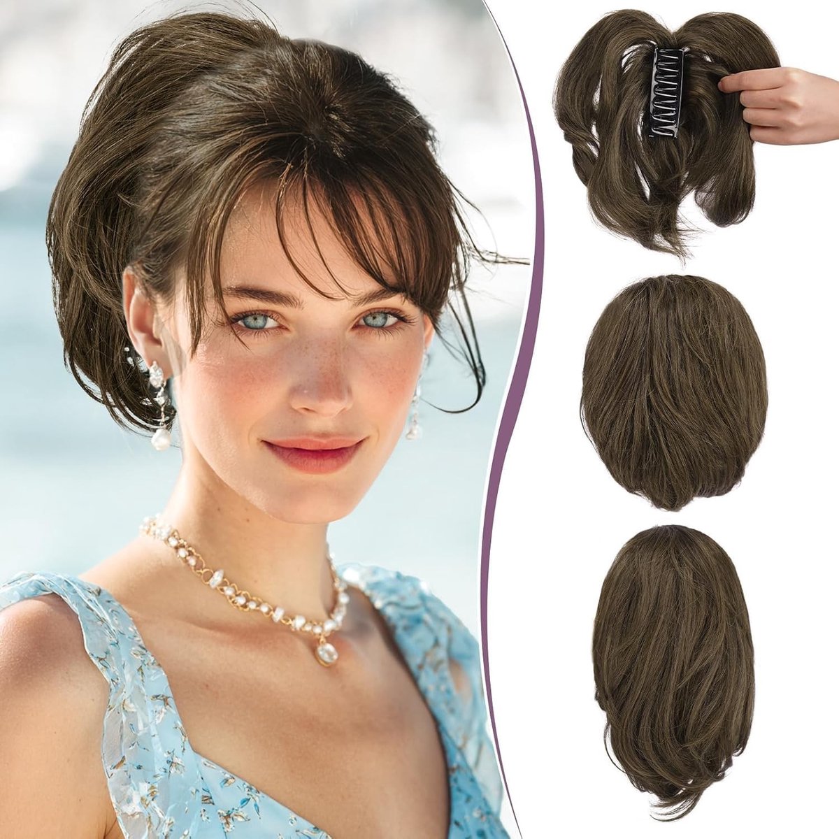 Korte Ponytail van Menselijk Haar 22cm met Buigbare Clip voor DIY Stijlen, Messy Bun en Vol Haar voor Vrouwen, Natuurlijke Bruine Kleur