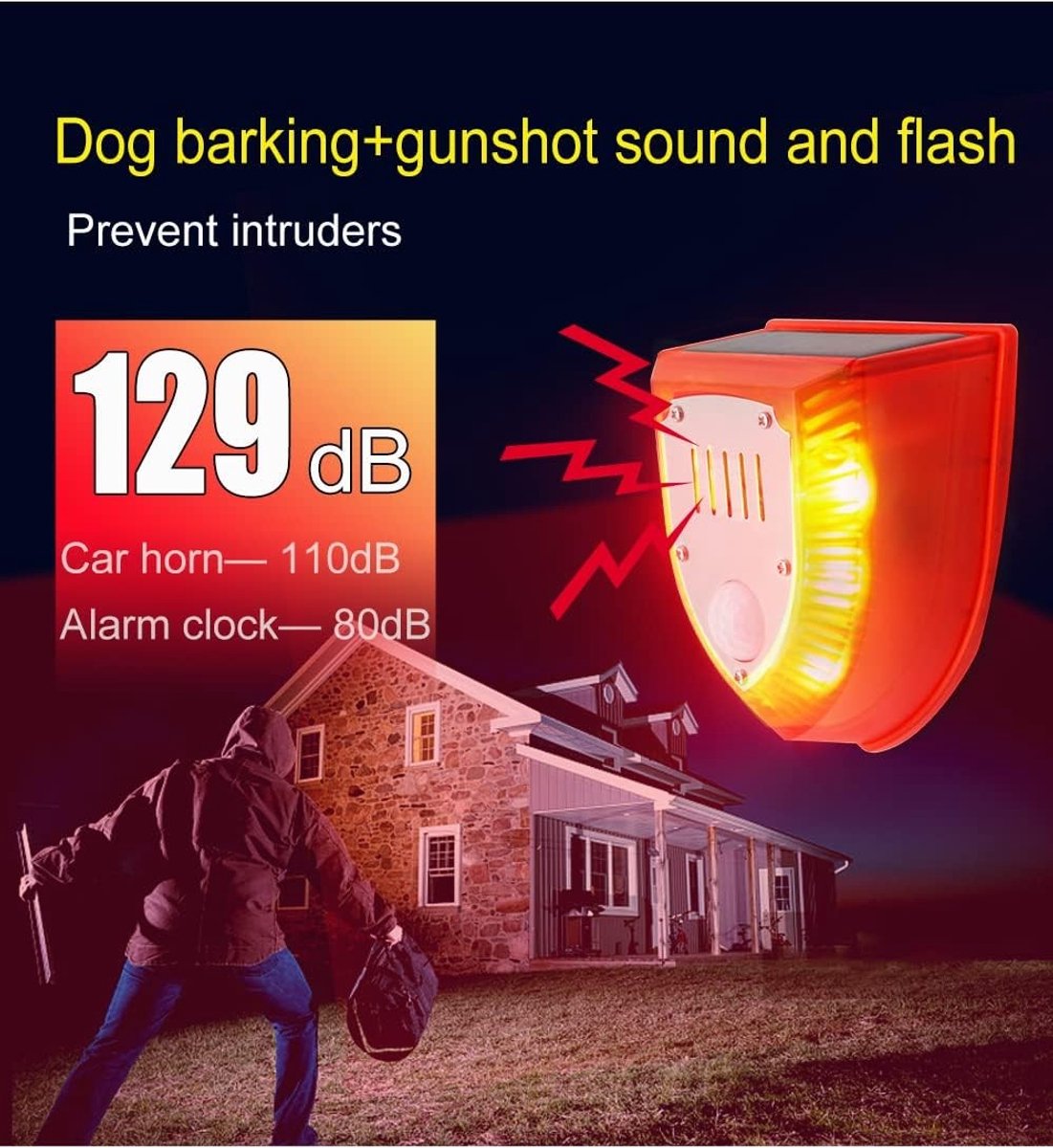 Zonne-energie Buiten Bewegingssensor Alarm Waterdicht 129dB Stroboscooplamp met 3 Werkmodi voor Thuis en Boerderij