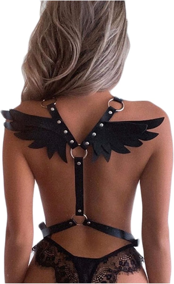 Punk Leren Harness voor Vrouwen - Verstelbare Lingerie Riem met Gespen en Engelvleugels voor Halloween en Feestjes
