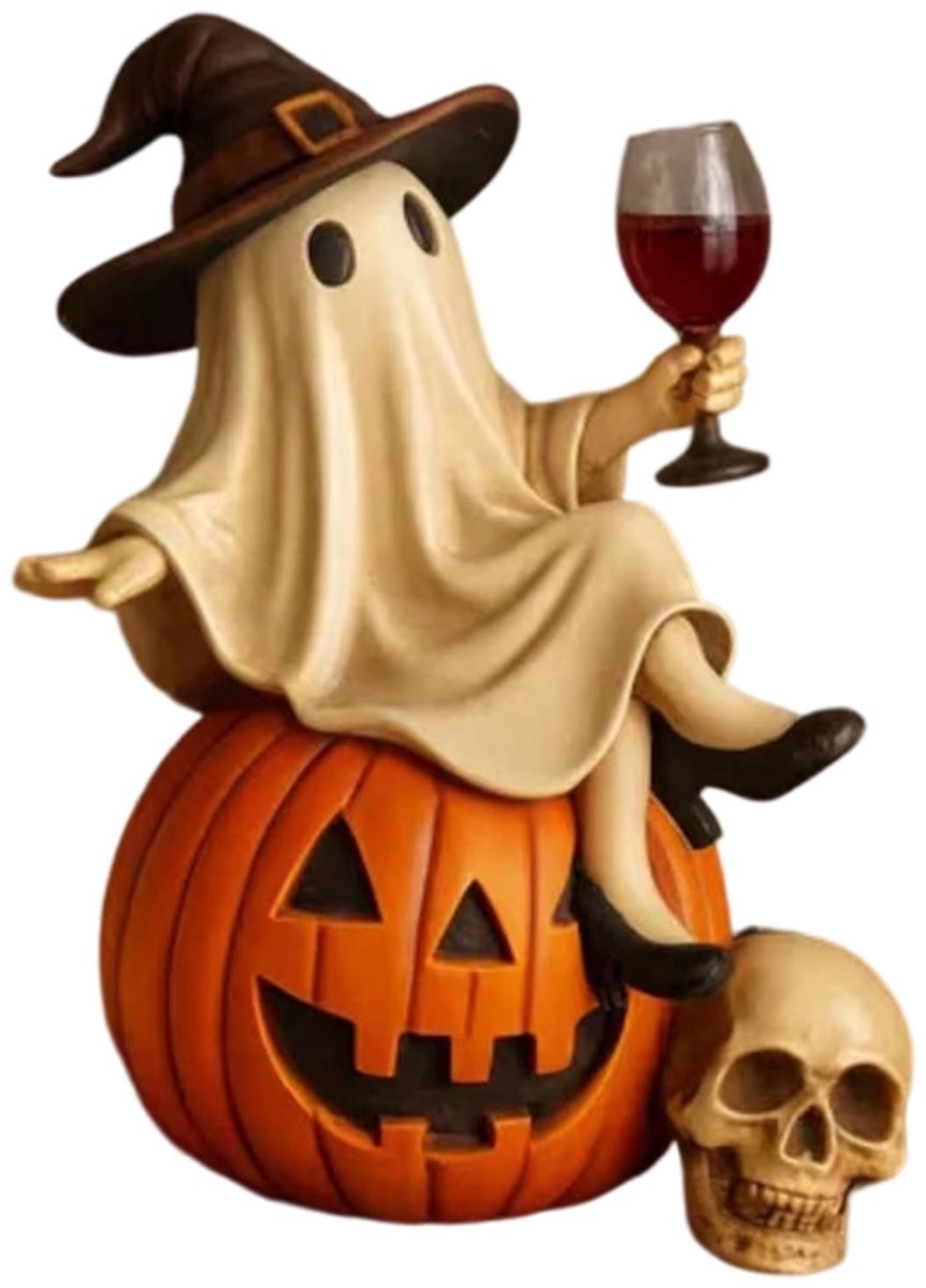 Halloween Ghost Statue met Wijnglas - Heks Hoed