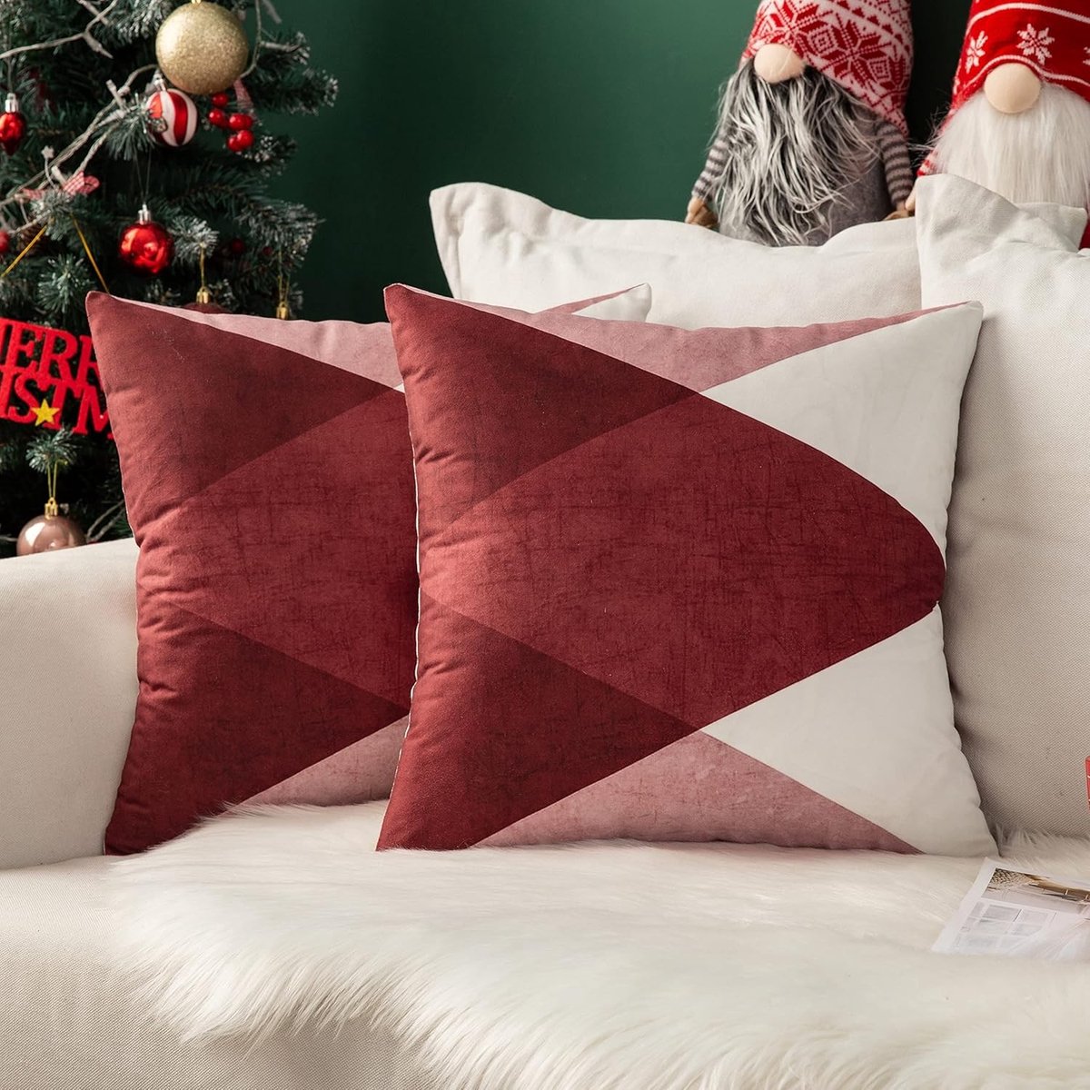 Set van 2 Geometrische Kussenhoezen voor Bank in Suède, Decoratief en Gedrukt, Vierkant 40 x 40 cm, Rood voor Woonkamer en Slaapkamer