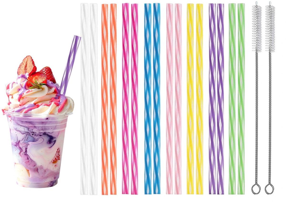 Set van 100 gestreepte plastic rietjes - Inclusief 2 reinigingsborstels