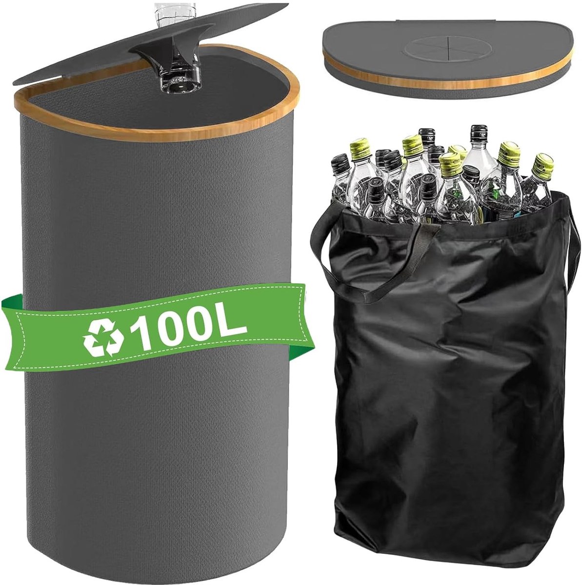 Grote 100L Afvalcontainer voor Petflessen, Blikjes en Glasflessen met Deksel en Opening