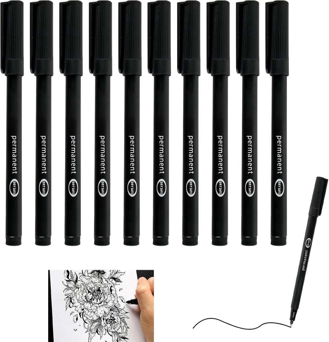 Set van 10 Permanente Stiften met Fijne Punt 0.5 mm, Ideaal voor Plastic, Metaal en Glas, Sneldrogend en Geschikt voor Diverse Oppervlakken