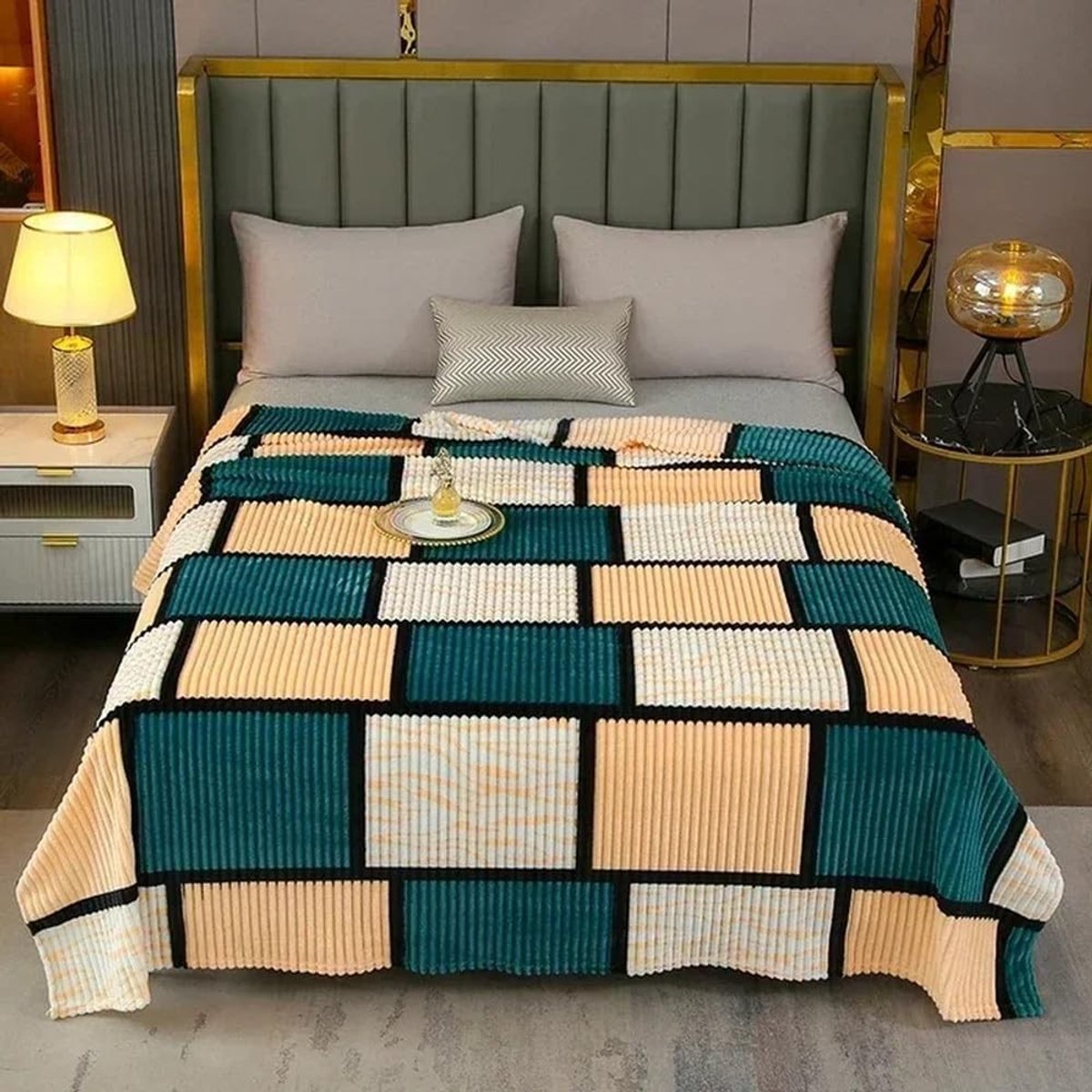 Multifunctionele fluwelen dekenset - Groen ruit, 70x100cm
