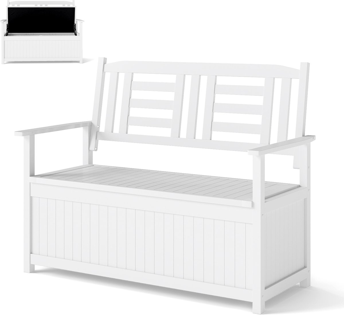 COSTWAY Tuinbank van hout met opbergruimte, weerbestendige kistenbank, 2-zits houten bank met geïntegreerde kussendoos, balkonbank, zitbank voor tuin, balkon, terras, 123 x 68,5 x 96 cm (Wit)