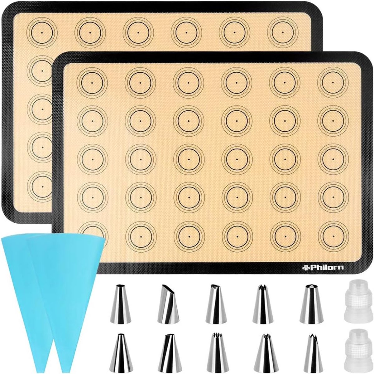 SnelShoppen - Siliconen Bakmat voor Macarons, 30 Gaten, BPA-vrij, 42 x 29 cm, Inclusief 12 Spuiters - Ideaal voor Taarten, Brood en Bakken in de Keuke
