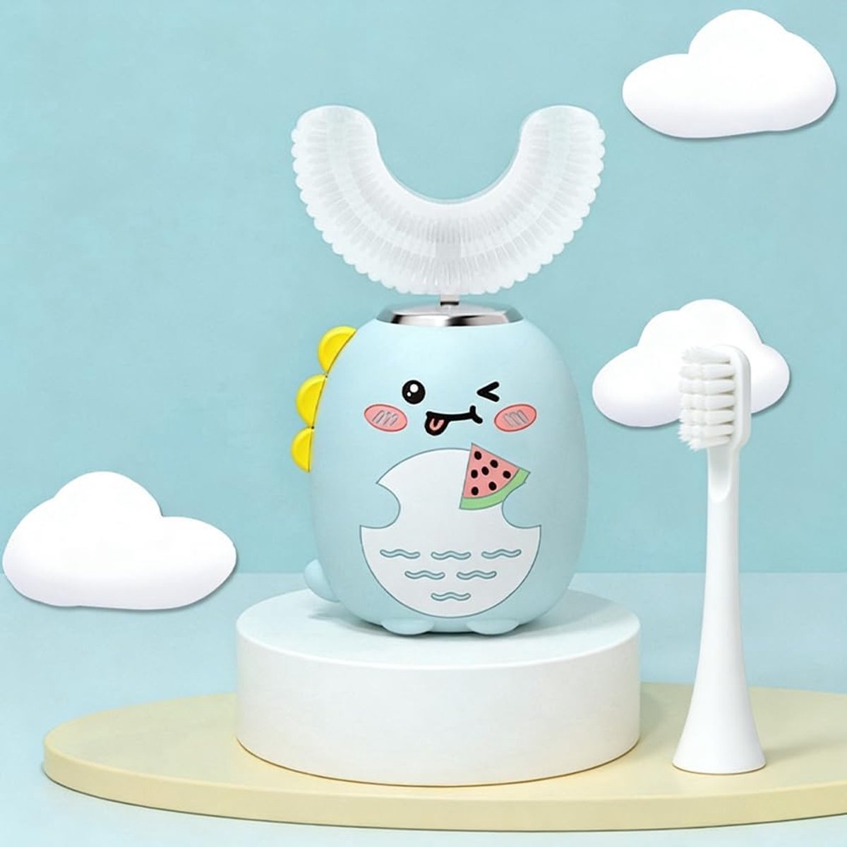 Kids Electric U Shaped Toothbrush, Sonic Automatic Toothbrush Kids with Heads, 3 Cleaning Modes,Cartoon Dinosaur IPX7 Waterproof 360 Round Toddler Electric Toothbrush for Boys Girls, Green,Ages 6-12
