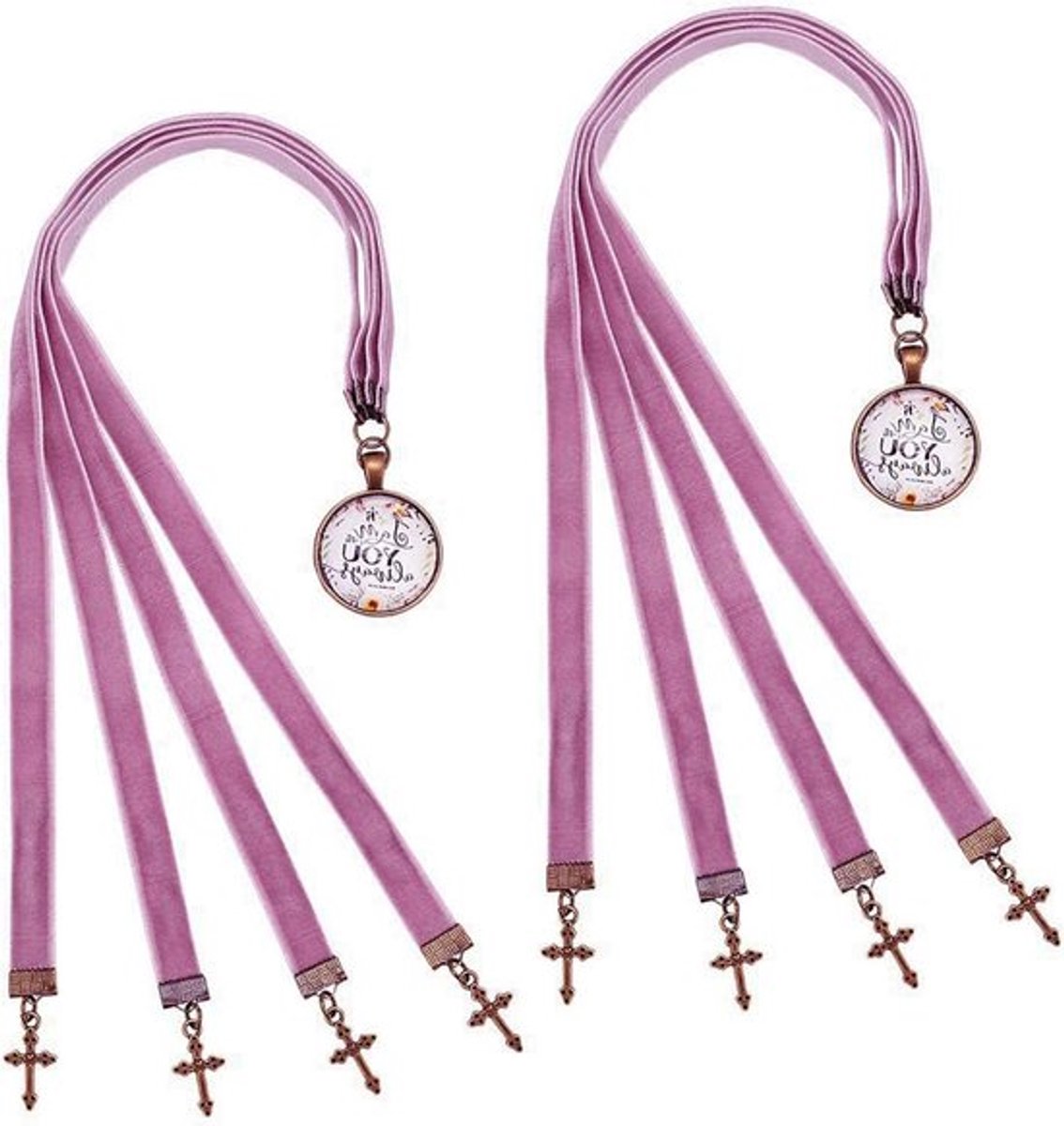 Fluwelen linten boekenleggers met kruis hanger voor bijbels - set van 2 - luxe bladwijzers met meerdere strengen - 36,7 cm lang