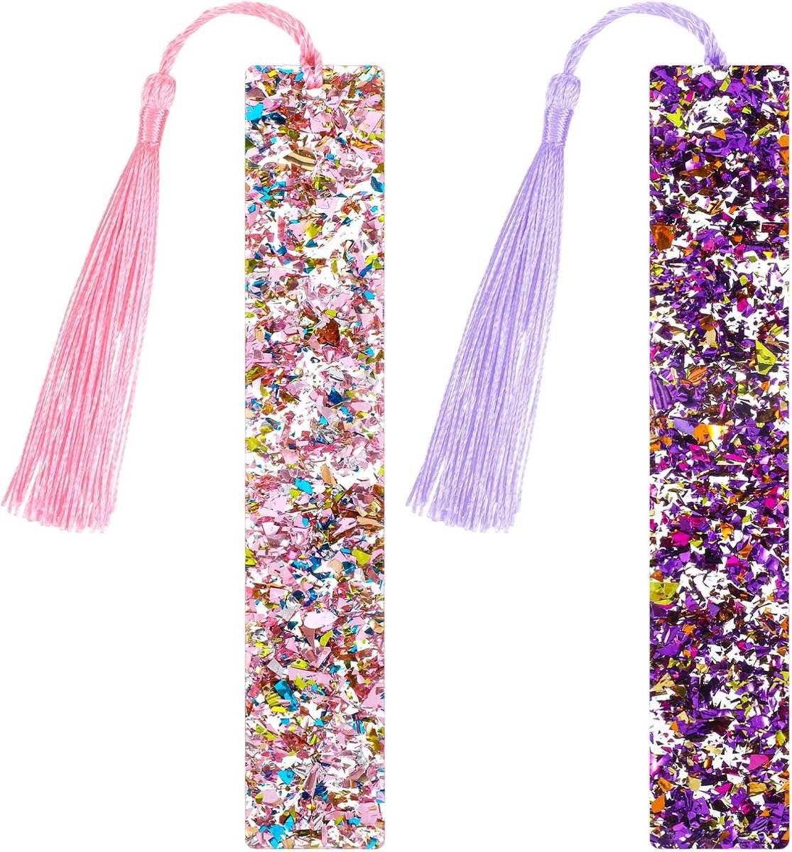 Thijox - 2 Stuks Glitter Boekenleggers met Kwasten - Hars Boekenleggers voor Meisjes en Kinderen - Paars Roze Glitter Bladwijzers voor Boekliefhebbers