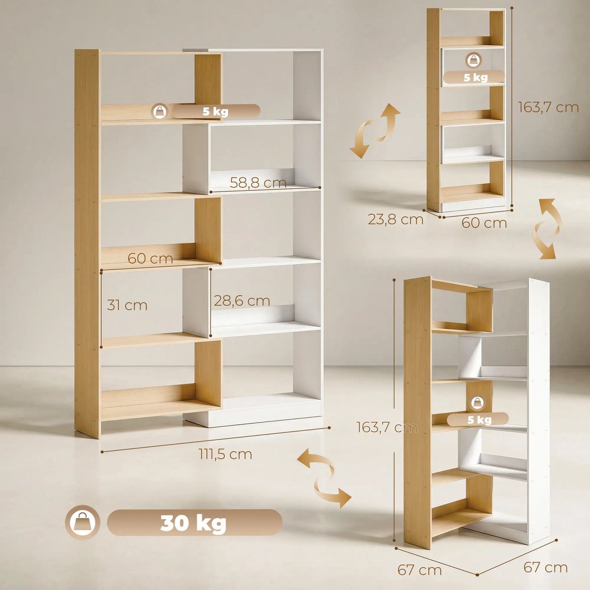 HAUSS SPOLE Boekenkast - Draaibaar 5 Laags Open Opbergrek - Voor Woonkamer Hoek En Open Ruimte - Spaanplaat - 111,5x23,8x163,7 Cm - Naturel Wit