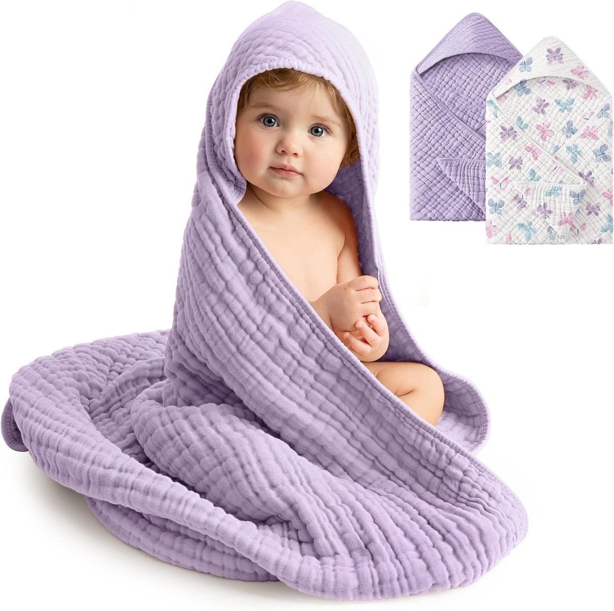 SnelShoppen - Babybadhanddoeken 100% Katoenen Mousseline met Capuchon - 2 Stuks 83x83 cm - Zacht, Absorberend, Uniseks Badartikelen voor Pasgeborenen