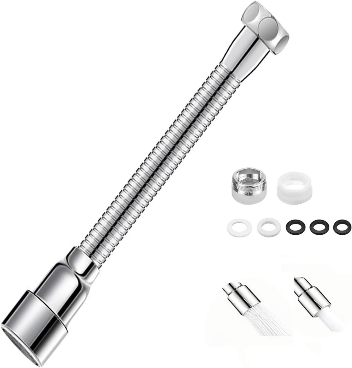 SnelShoppen - Tapuitbreiding Keuken 20 cm, 360° Rotatable, Dubbele Waterstraal, Flexibele Adapter 22 mm, RVS 304 voor Keuken en Badkamer