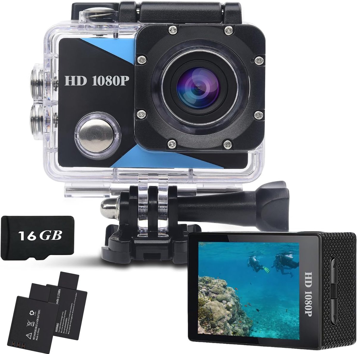 SnelShoppen - Action Cam FHD 1080P Onderwatercamera met 32 GB Geheugenkaart, 12MP Foto's, 2 Oplaadbare Batterijen, Sportcamera voor Avonturen, Feest,
